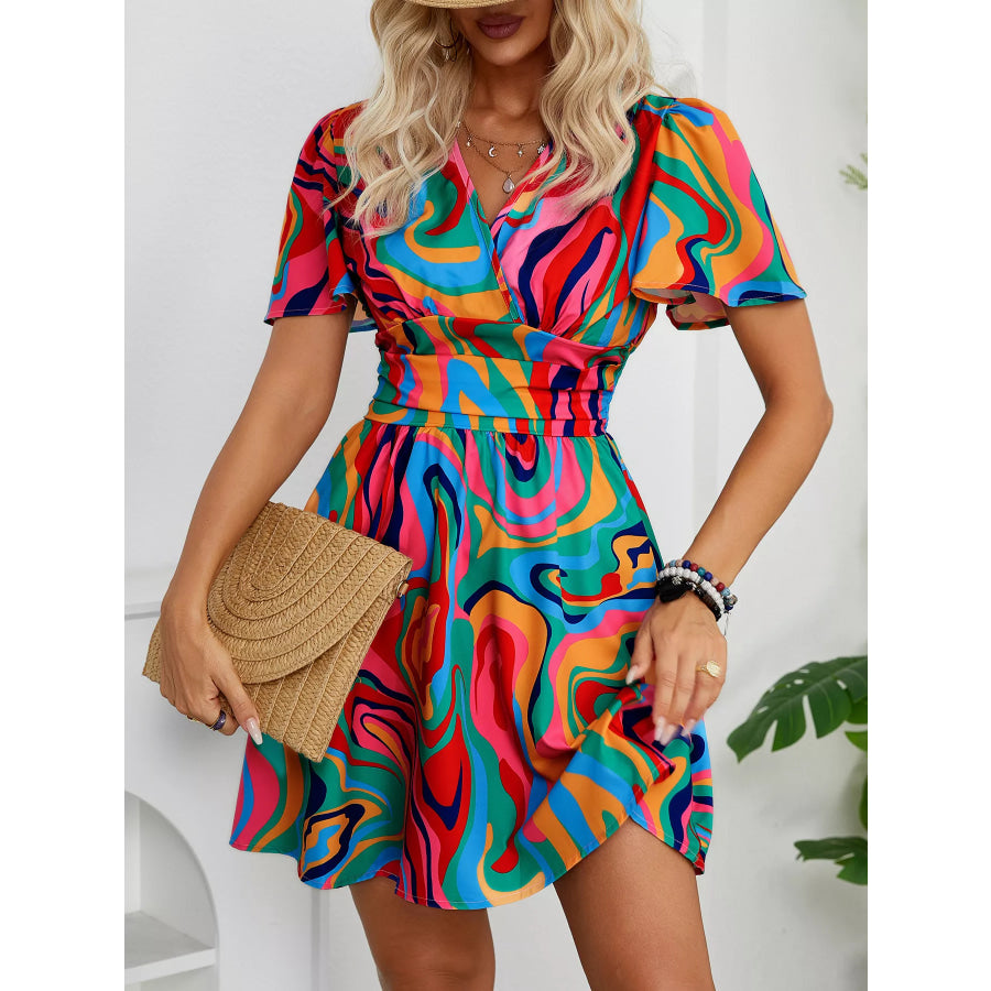 Colorful Print Short Sleeve Mini Dress Apparel and Accessories