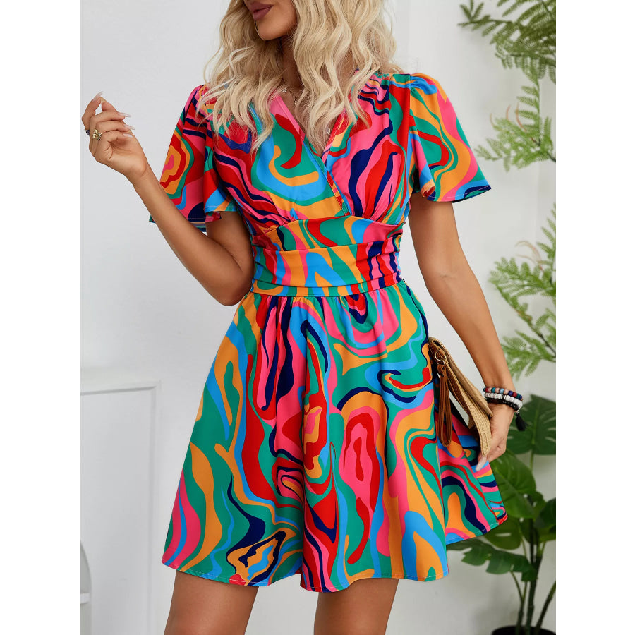 Colorful Print Short Sleeve Mini Dress Apparel and Accessories