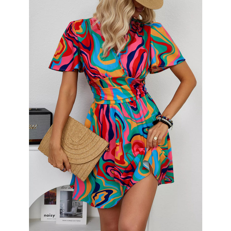 Colorful Print Short Sleeve Mini Dress Apparel and Accessories