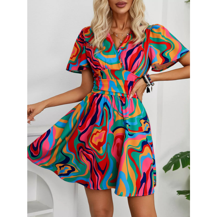 Colorful Print Short Sleeve Mini Dress Multicolor / S Apparel and Accessories