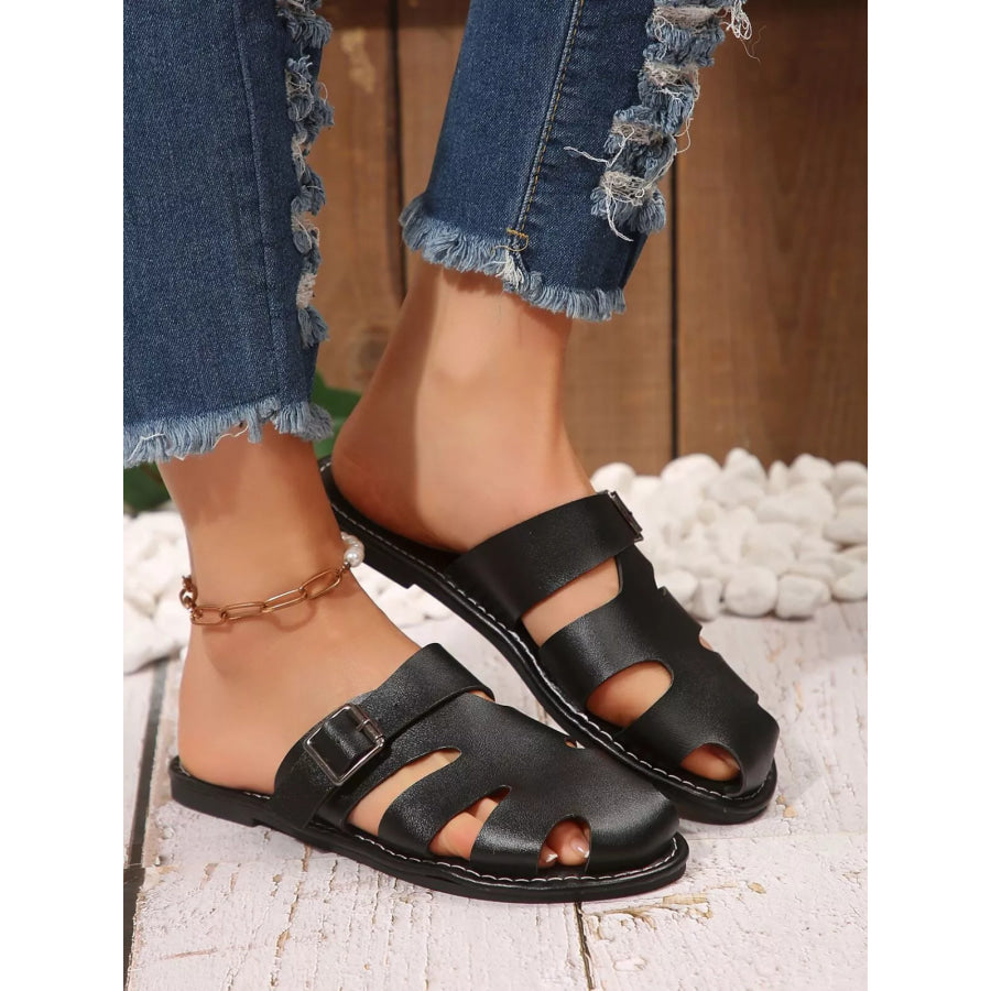 Comfortable Slip-On Leather Sandals with Adjustable Buckle Black / 36 Apparel and Accessories