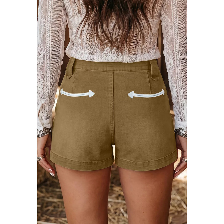 Contrast Arrow Detail Western Denim Shorts Coffee Brown / 4 Apparel and Accessories