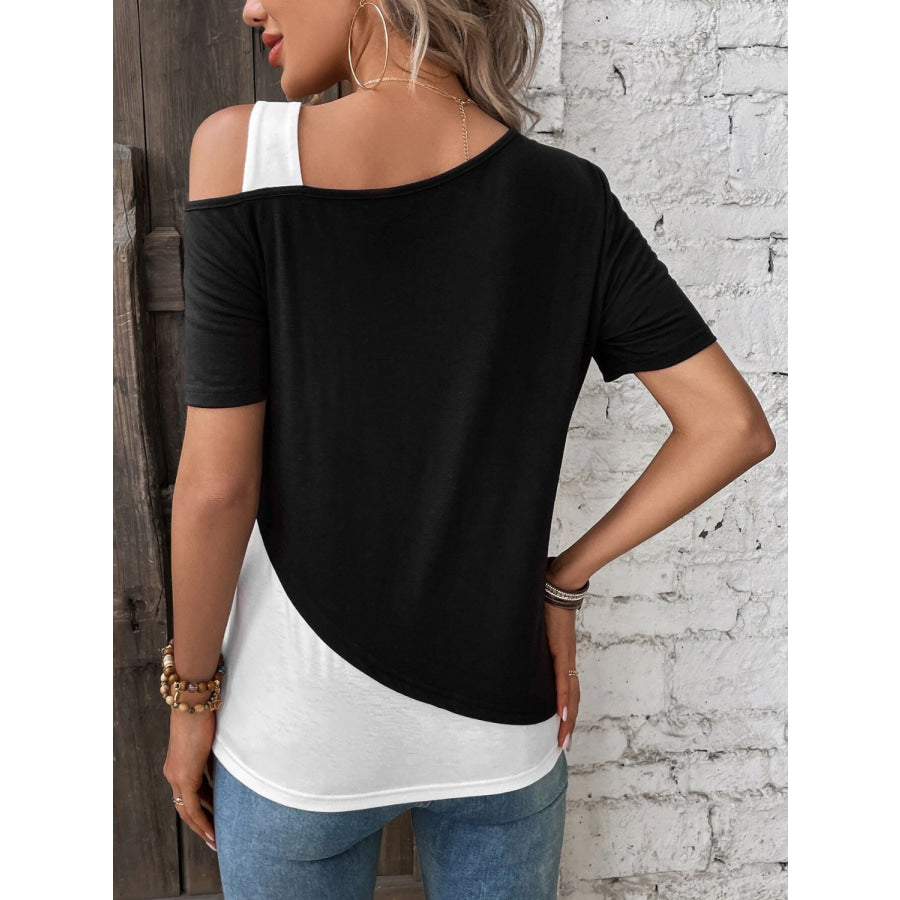 Contrast Asymmetrical Neck Short Sleeve T-Shirt Black / S Apparel and Accessories