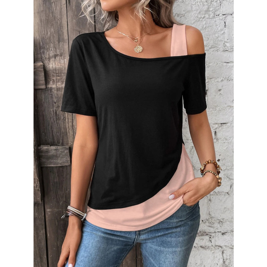 Contrast Asymmetrical Neck Short Sleeve T-Shirt Apparel and Accessories