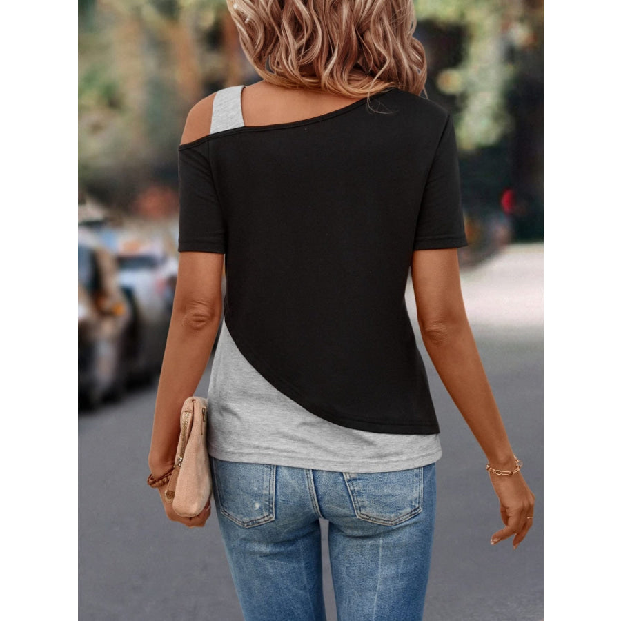 Contrast Asymmetrical Neck Short Sleeve T-Shirt Apparel and Accessories