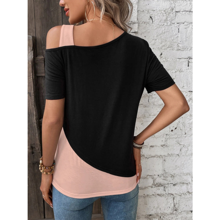 Contrast Asymmetrical Neck Short Sleeve T-Shirt Apparel and Accessories