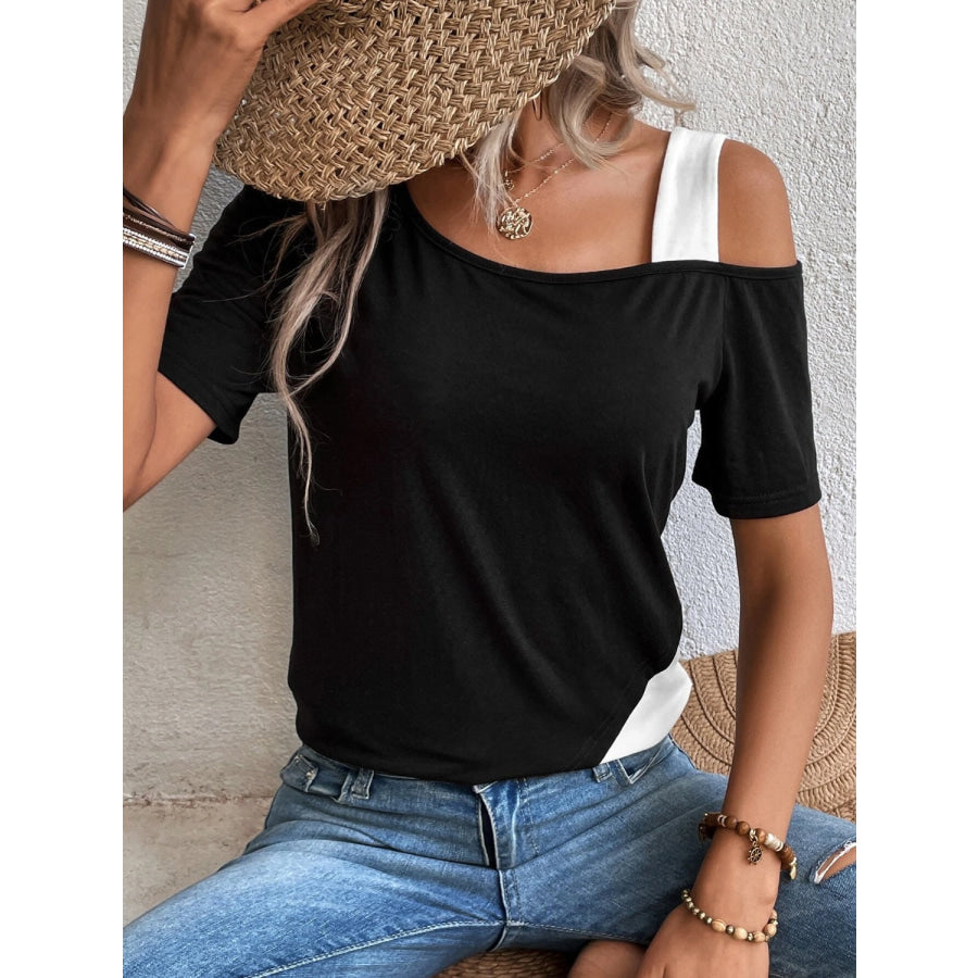 Contrast Asymmetrical Neck Short Sleeve T-Shirt Apparel and Accessories