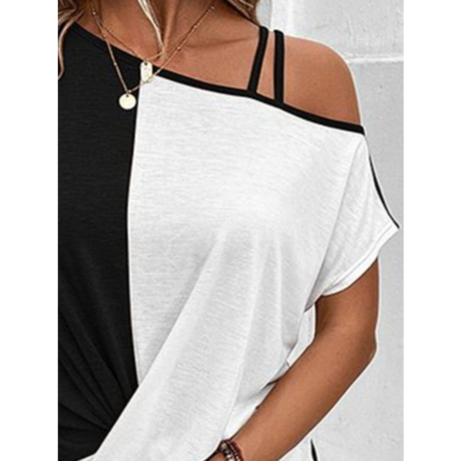 Contrast Asymmetrical Neck Short Sleeve T-Shirt Apparel and Accessories