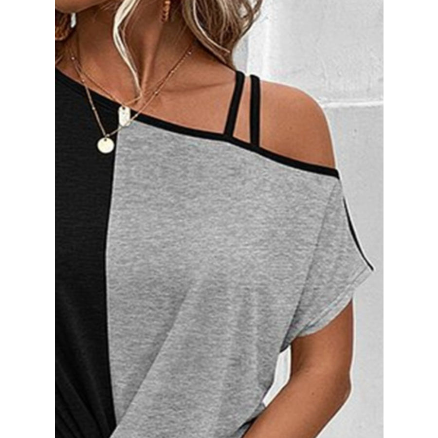 Contrast Asymmetrical Neck Short Sleeve T-Shirt Apparel and Accessories