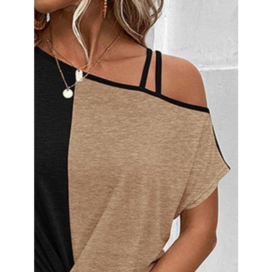 Contrast Asymmetrical Neck Short Sleeve T-Shirt Apparel and Accessories