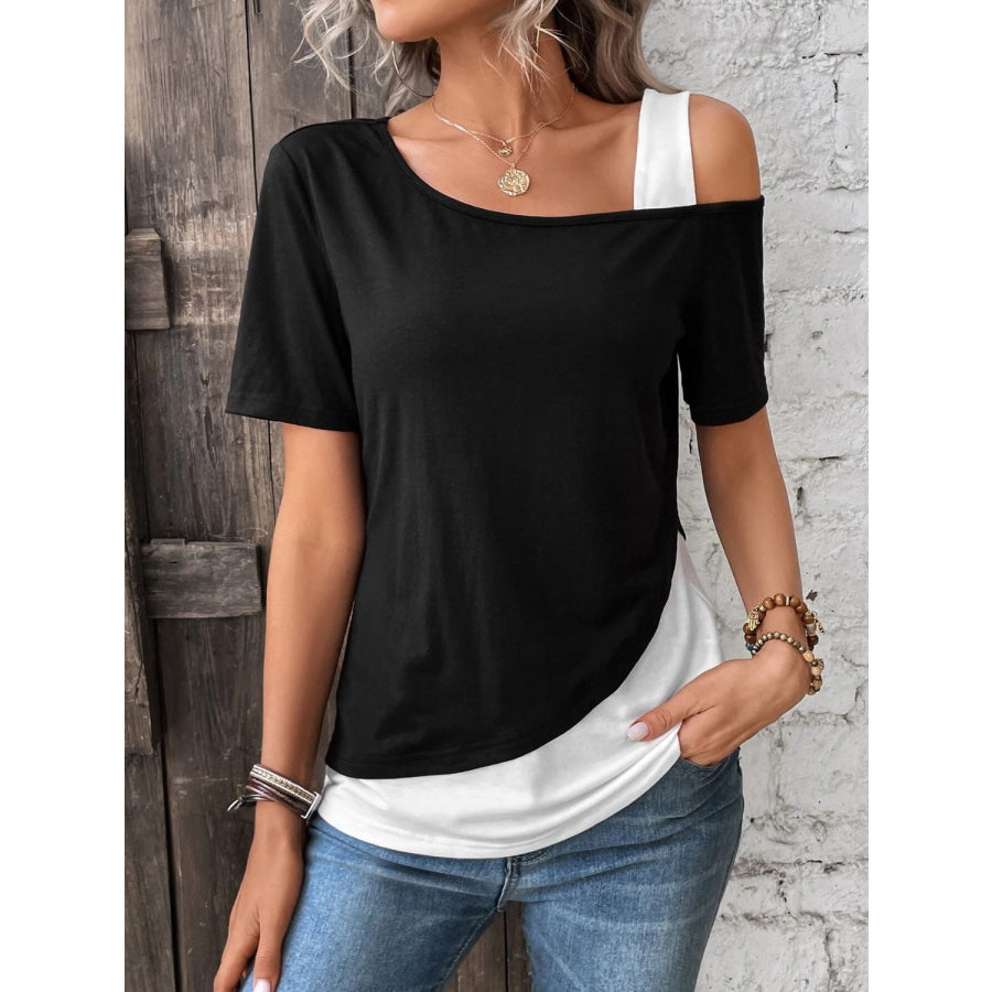 Contrast Asymmetrical Neck Short Sleeve T-Shirt Black / S Apparel and Accessories