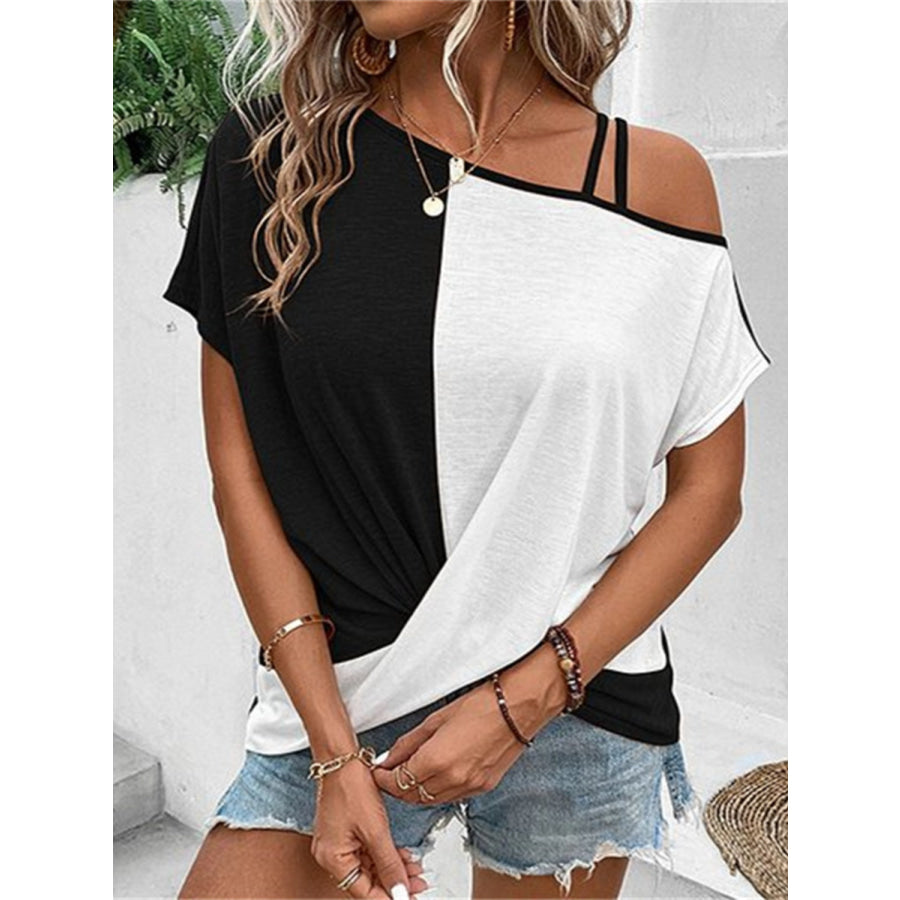 Contrast Asymmetrical Neck Short Sleeve T-Shirt Black / S Apparel and Accessories