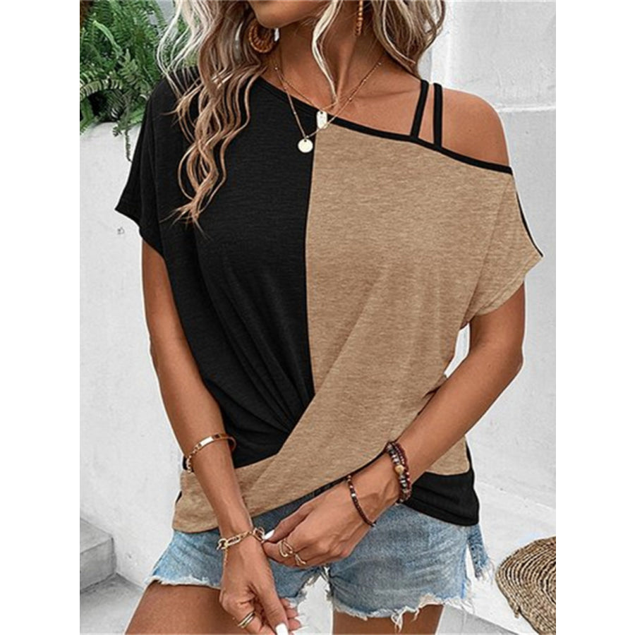 Contrast Asymmetrical Neck Short Sleeve T-Shirt Camel / S Apparel and Accessories