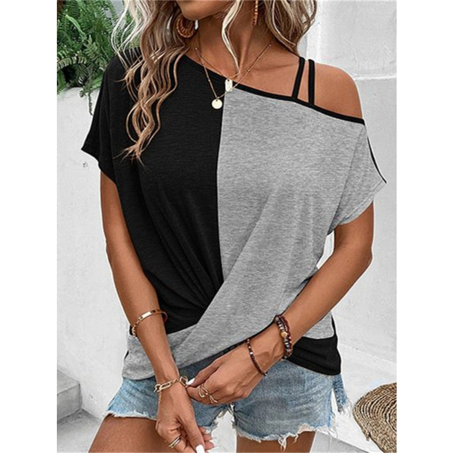 Contrast Asymmetrical Neck Short Sleeve T-Shirt Gray / S Apparel and Accessories