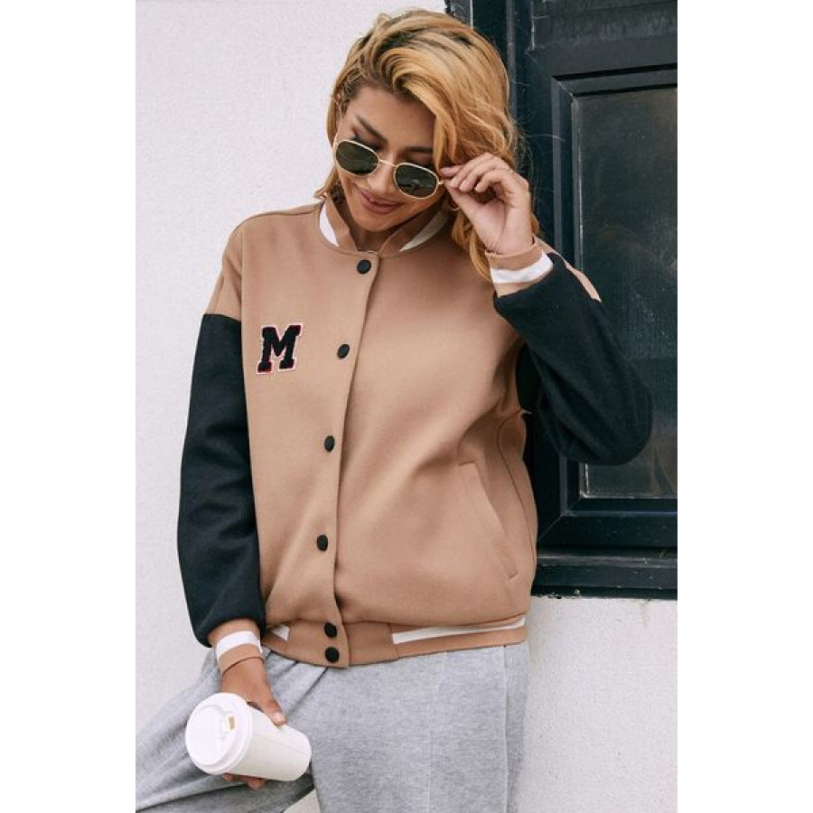 Contrast Baseball Collar Snap Down Jacket Camel / S Apparel and Accessories