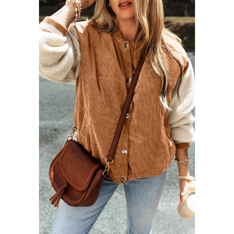 Contrast Baseball Collar Snap Down Long Sleeve Jacket Terracotta / S Apparel and Accessories