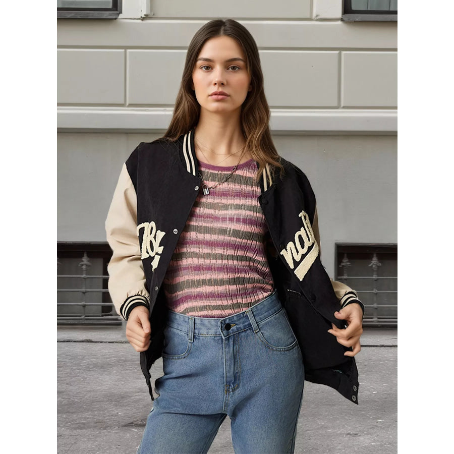 Contrast Baseball Jacket with Embroidered Lettering Apparel and Accessories