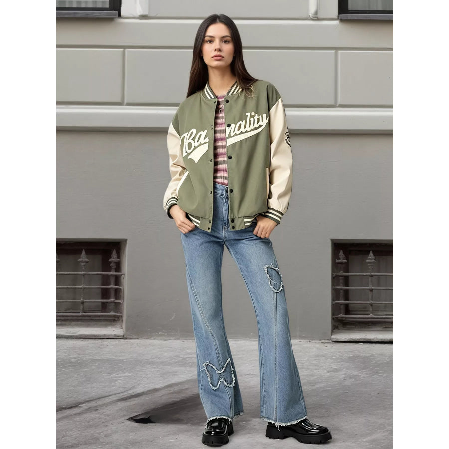 Contrast Baseball Jacket with Embroidered Lettering Apparel and Accessories