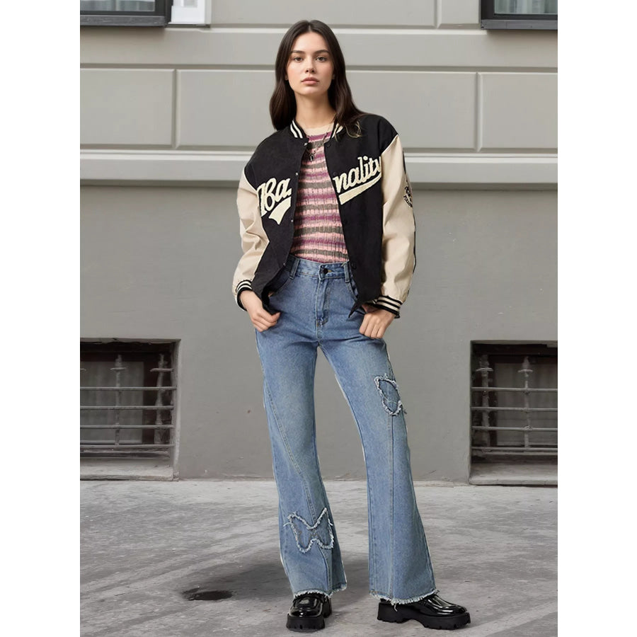 Contrast Baseball Jacket with Embroidered Lettering Apparel and Accessories