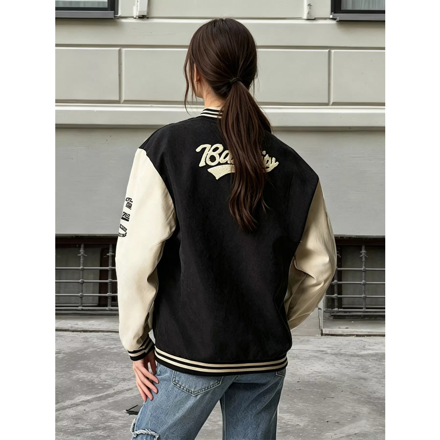Contrast Baseball Jacket with Embroidered Lettering Apparel and Accessories