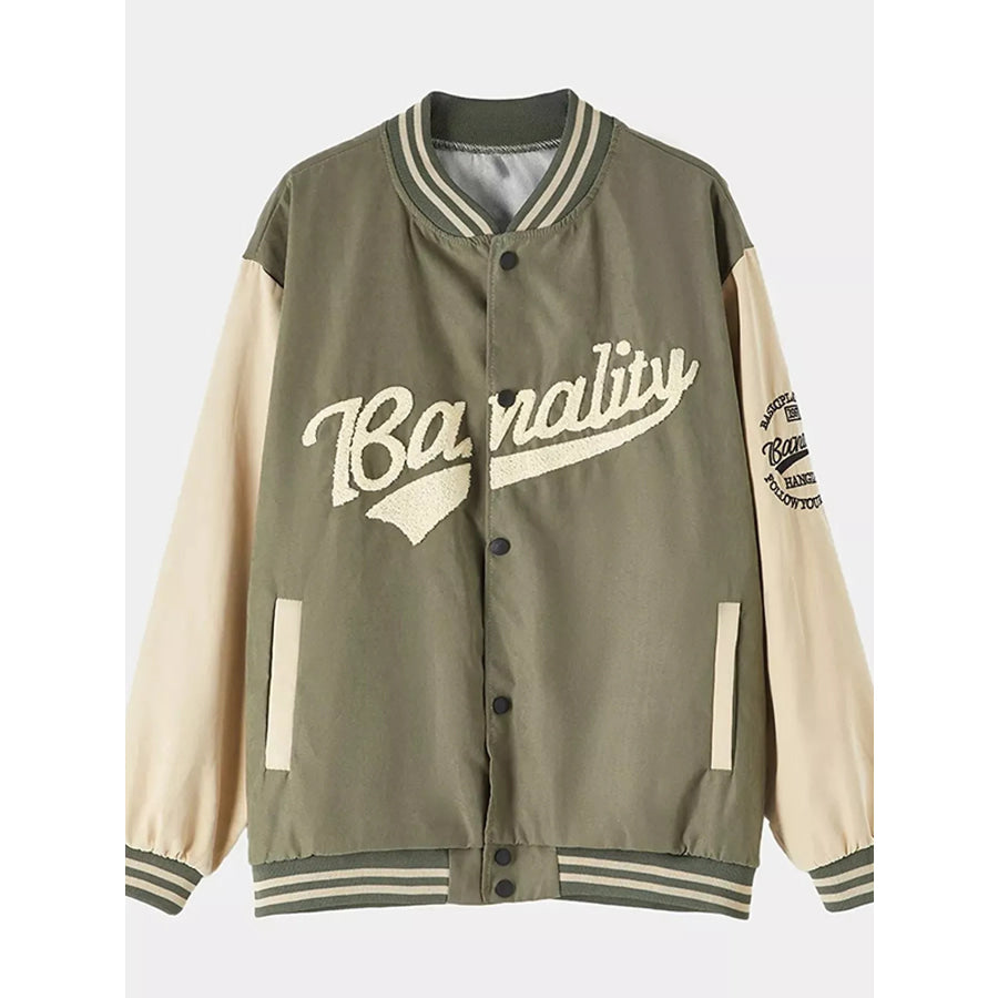 Contrast Baseball Jacket with Embroidered Lettering Apparel and Accessories