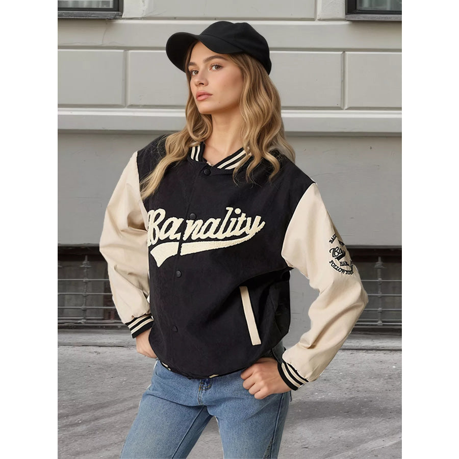 Contrast Baseball Jacket with Embroidered Lettering Black / M Apparel and Accessories