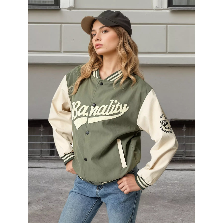 Contrast Baseball Jacket with Embroidered Lettering Green / M Apparel and Accessories