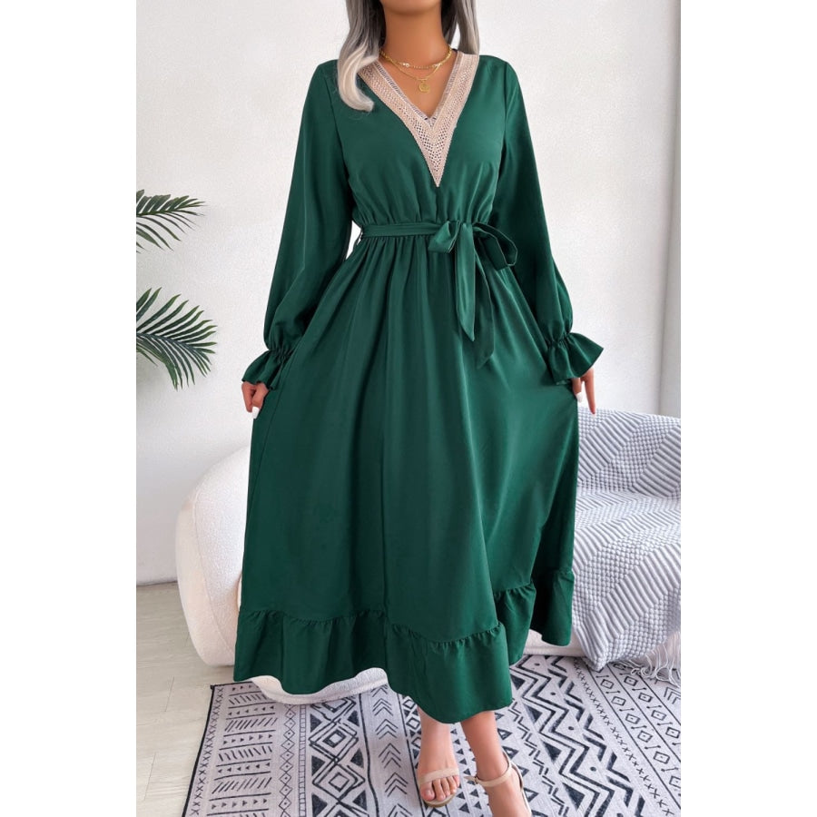 Contrast Belted Flounce Sleeve Dress Forest / S