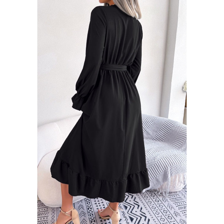 Contrast Belted Flounce Sleeve Dress