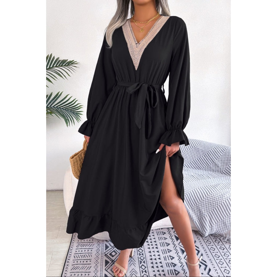 Contrast Belted Flounce Sleeve Dress