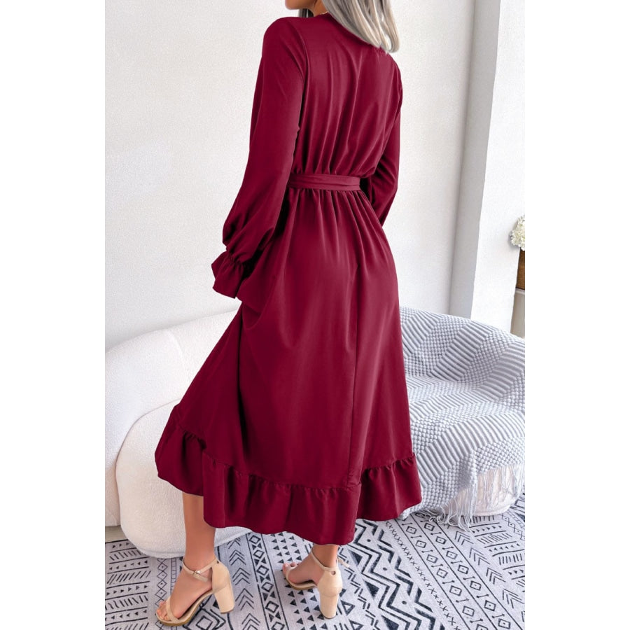 Contrast Belted Flounce Sleeve Dress