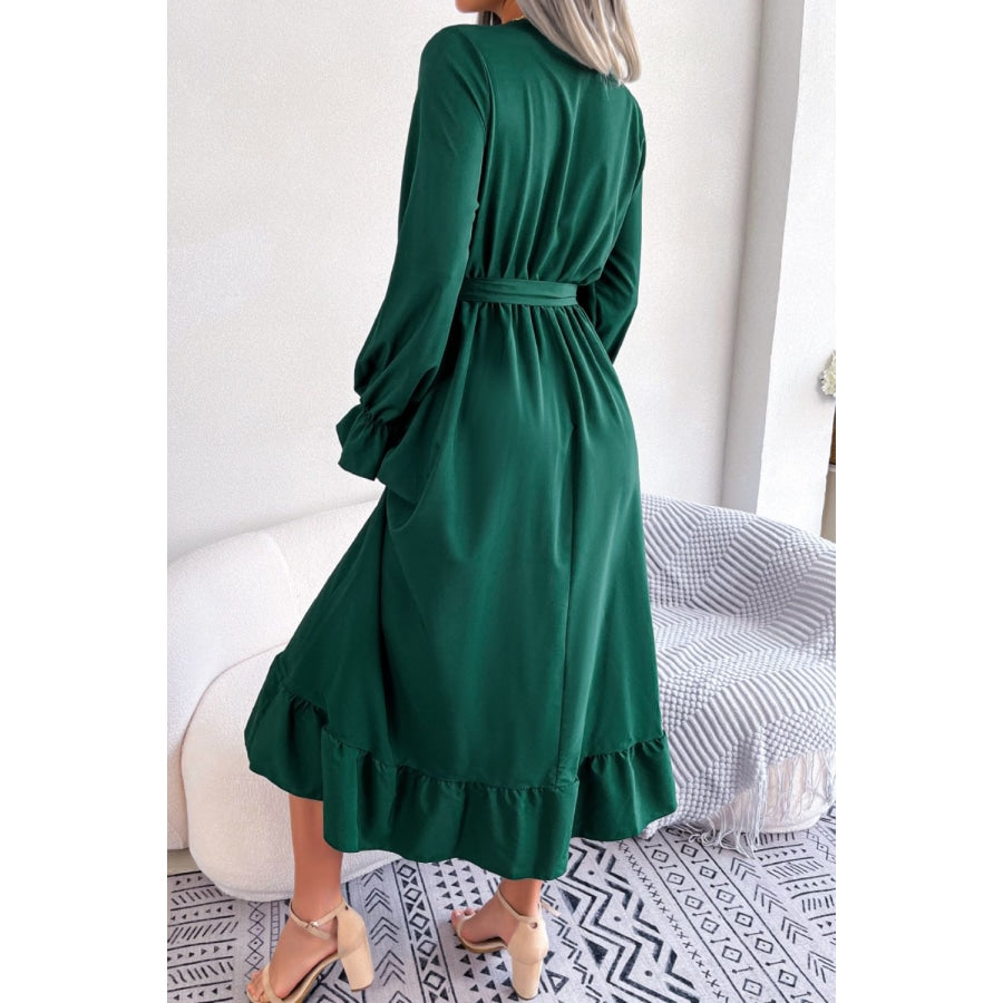 Contrast Belted Flounce Sleeve Dress