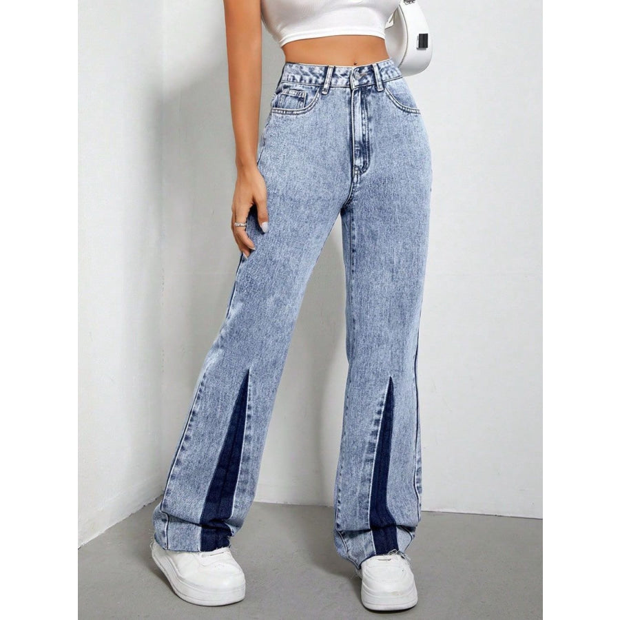 Contrast Bootcut Jeans with Pockets Apparel and Accessories