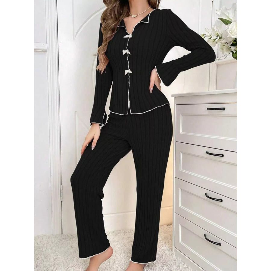 Contrast Bow Detail Top and Pants Lounge Set Apparel Accessories