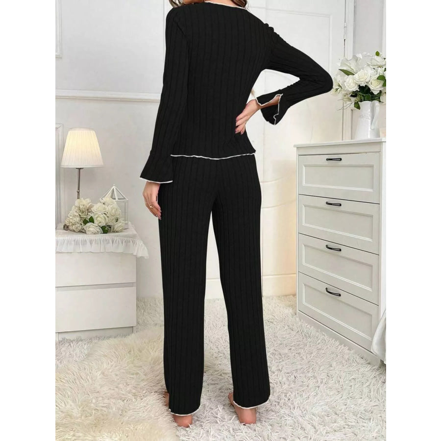 Contrast Bow Detail Top and Pants Lounge Set Apparel Accessories