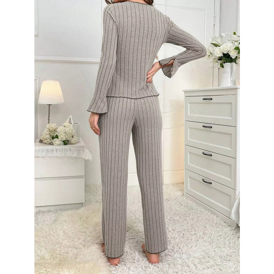 Contrast Bow Detail Top and Pants Lounge Set Apparel Accessories