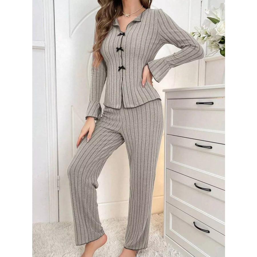 Contrast Bow Detail Top and Pants Lounge Set Apparel Accessories