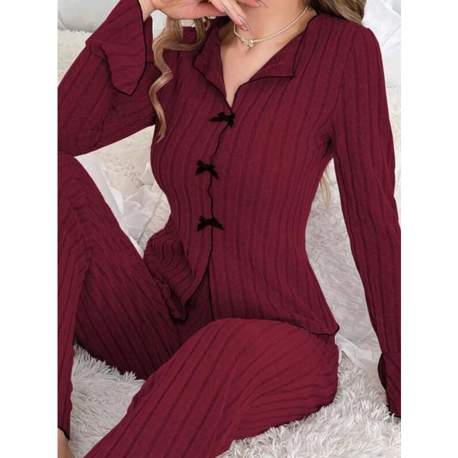 Contrast Bow Detail Top and Pants Lounge Set Apparel Accessories