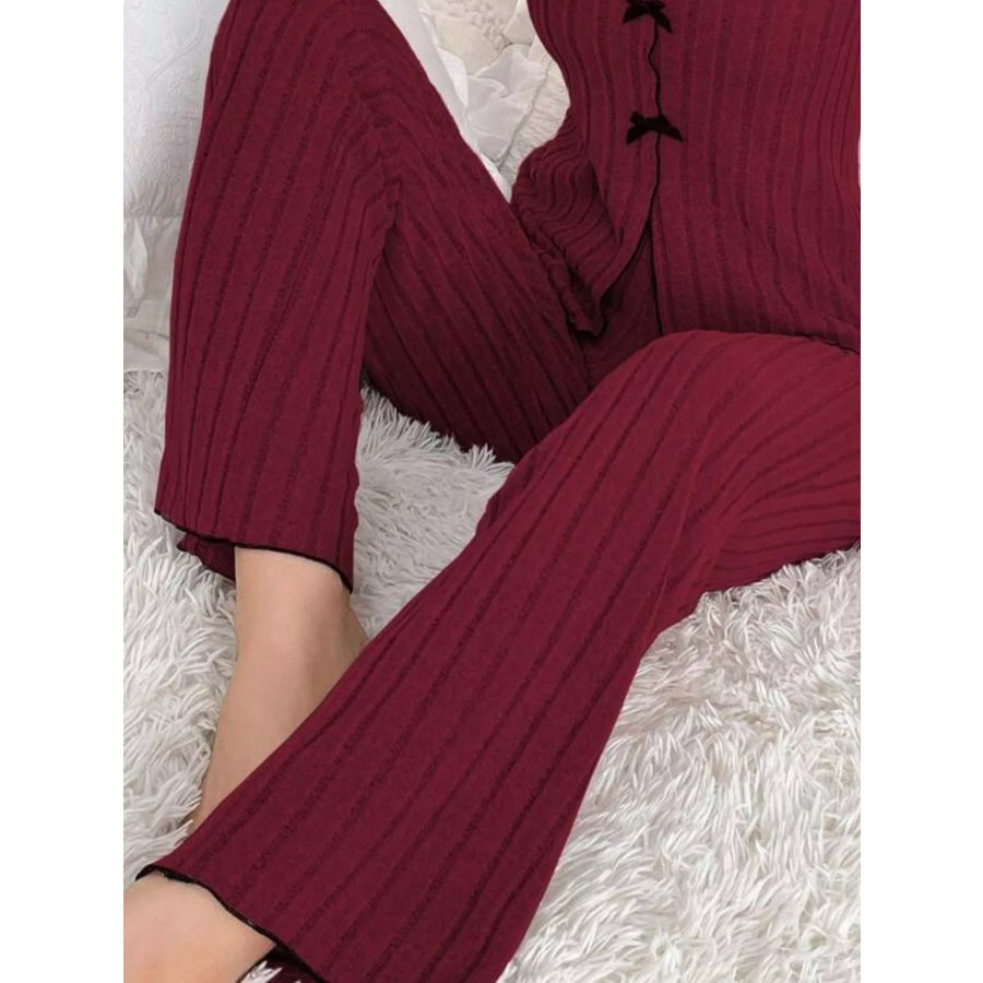 Contrast Bow Detail Top and Pants Lounge Set Apparel Accessories