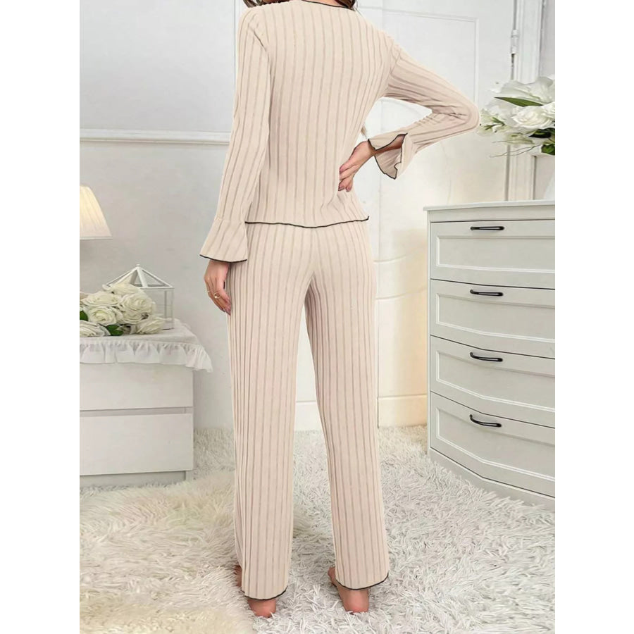 Contrast Bow Detail Top and Pants Lounge Set Apparel Accessories
