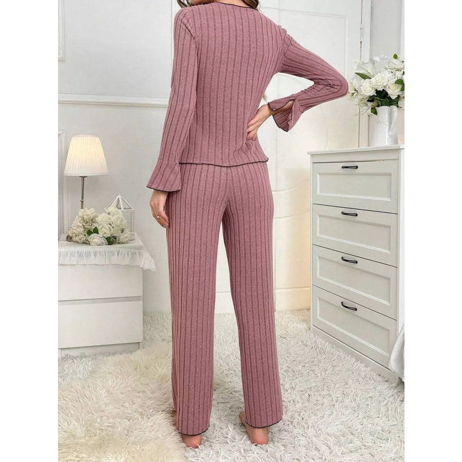 Contrast Bow Detail Top and Pants Lounge Set Apparel Accessories