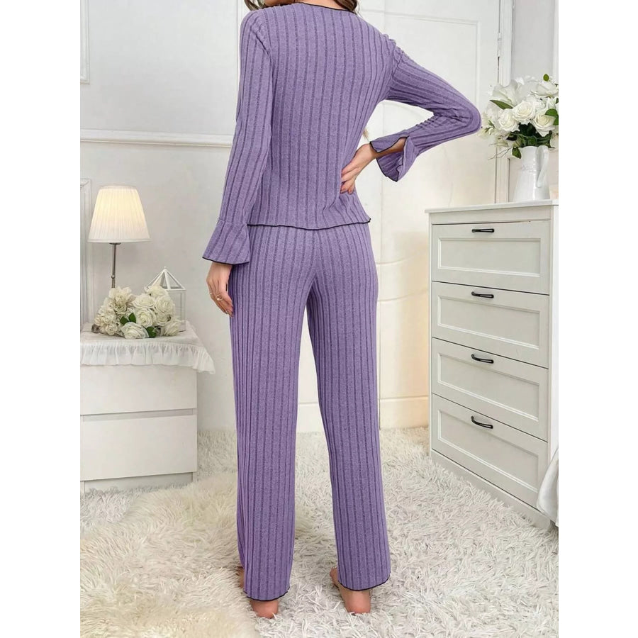 Contrast Bow Detail Top and Pants Lounge Set Apparel Accessories