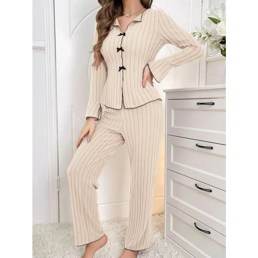 Contrast Bow Detail Top and Pants Lounge Set Off-white / S Apparel Accessories