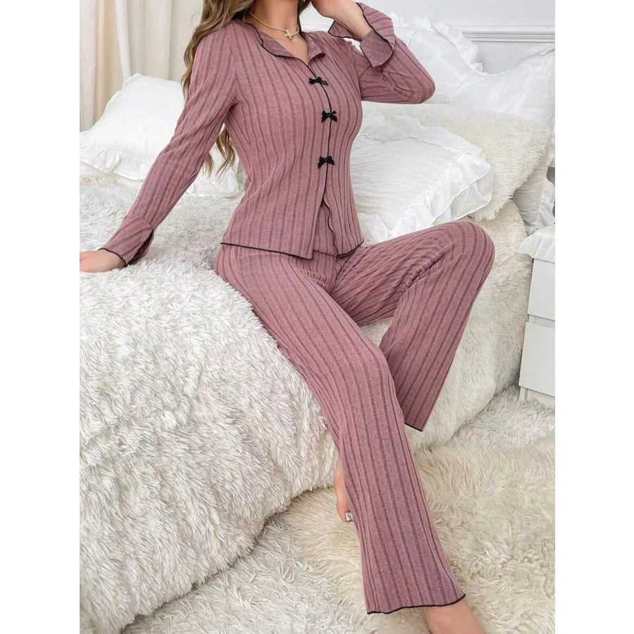 Contrast Bow Detail Top and Pants Lounge Set Apparel Accessories