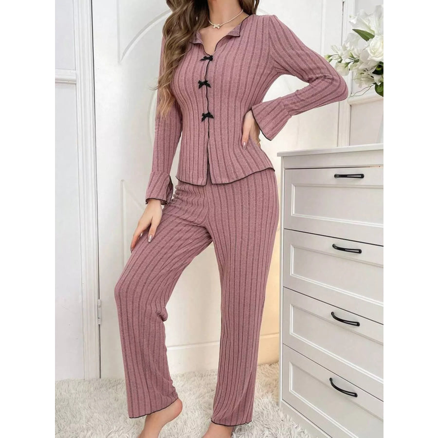 Contrast Bow Detail Top and Pants Lounge Set Lotus Root Powder / S Apparel Accessories