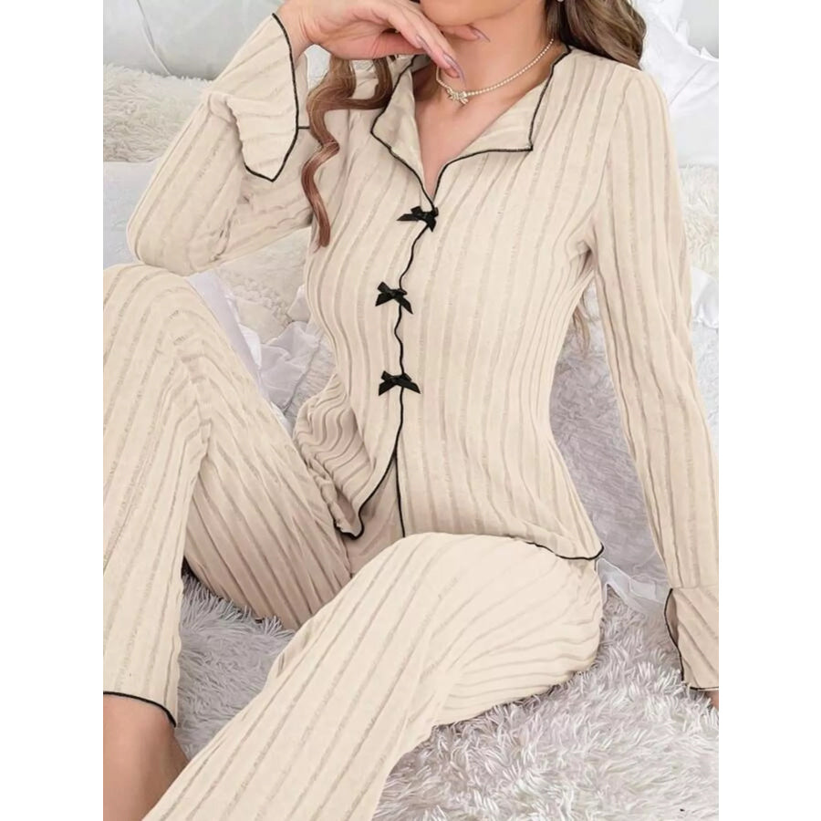Contrast Bow Detail Top and Pants Lounge Set Off-white / S Apparel Accessories