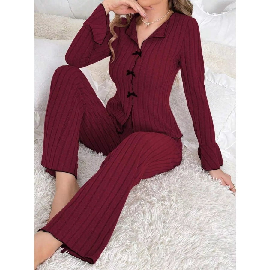 Contrast Bow Detail Top and Pants Lounge Set Wine Red / S Apparel Accessories