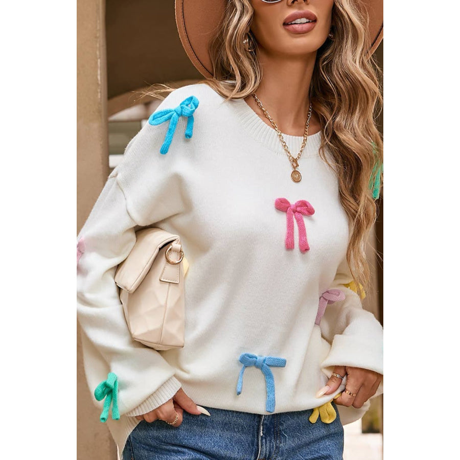 Contrast Bow Round Neck Dropped Shoulder Sweater Apparel and Accessories