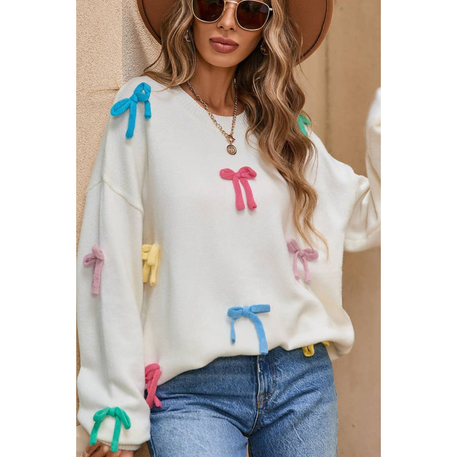 Contrast Bow Round Neck Dropped Shoulder Sweater Apparel and Accessories