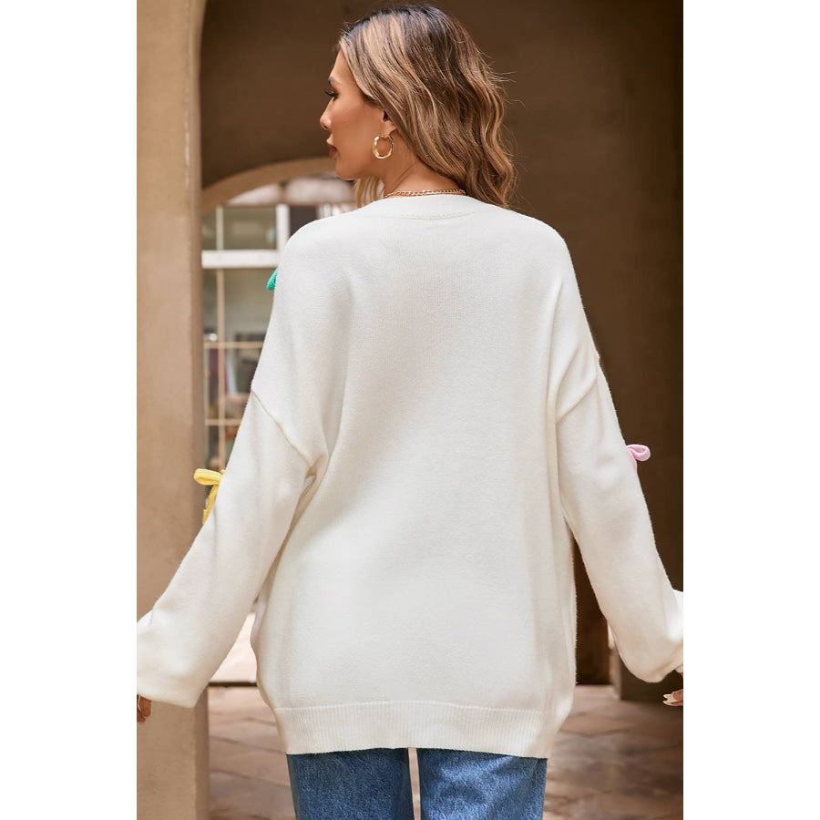 Contrast Bow Round Neck Dropped Shoulder Sweater Apparel and Accessories